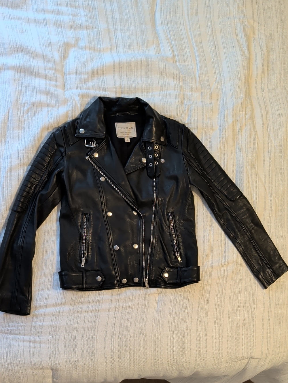Lucky Brand Black Leather Biker Jacket with Silver Hardware